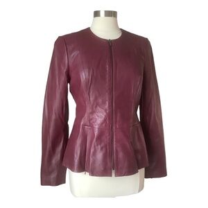 NEW Badgley Mischka Genuine Leather Peplum‎ Jacket Burgundy 67047 Size M